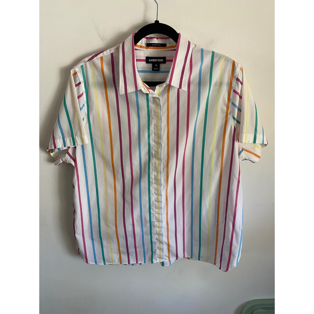 Lands End Womens 18 No Iron Supima Cotton Rainbow Stripe Short Sleeve Shirt
